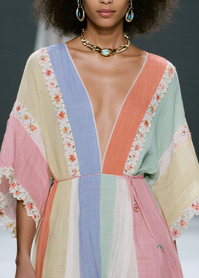 Casual Colorblock V Neck Floral Cotton Dress Summer