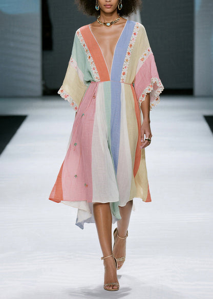 Casual Colorblock V Neck Floral Cotton Dress Summer