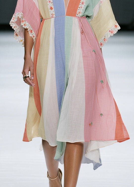 Casual Colorblock V Neck Floral Cotton Dress Summer