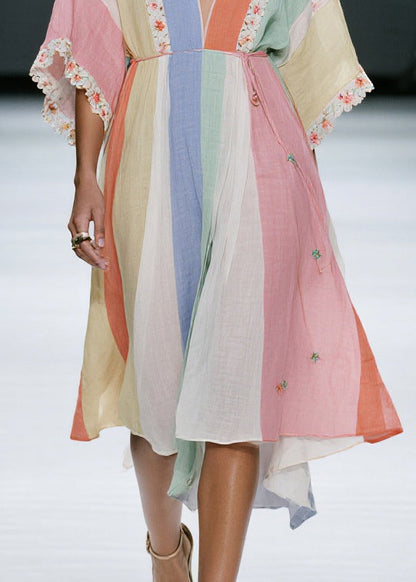 Casual Colorblock V Neck Floral Cotton Dress Summer