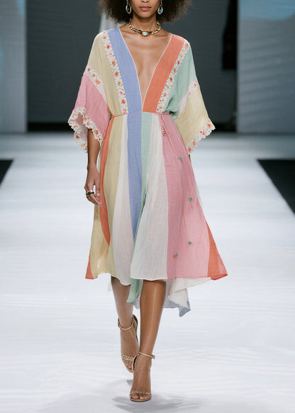 Casual Colorblock V Neck Floral Cotton Dress Summer