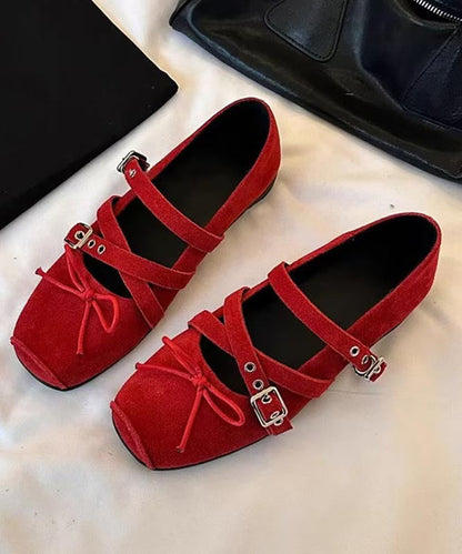 Casual Comfy Cross Strap Bow Splicing Wedge Heel Shoes Red Suede