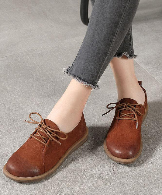 Casual Cross Strap Flat Shoes Brown Cowhide Leather - SooLinen