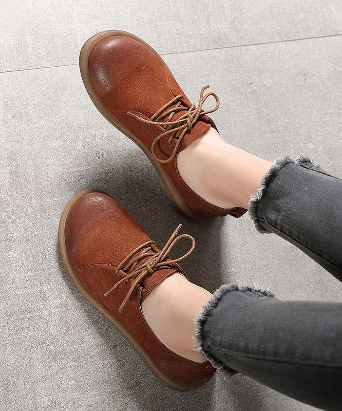 Casual Cross Strap Flat Shoes Brown Cowhide Leather - SooLinen