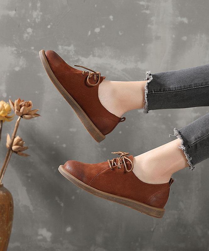 Casual Cross Strap Flat Shoes Brown Cowhide Leather - SooLinen