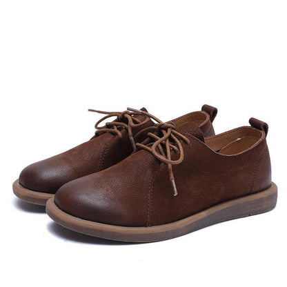 Casual Cross Strap Flat Shoes Brown Cowhide Leather - SooLinen