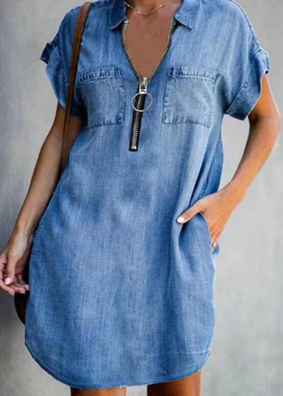 Casual Dark Blue Peter Pan Collar Patchwork Denim Mid Dress Short Sleeve