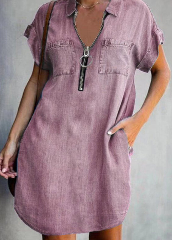 Casual Dark Blue Peter Pan Collar Patchwork Denim Mid Dress Short Sleeve
