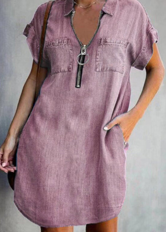 Casual Dark Blue Peter Pan Collar Patchwork Denim Mid Dress Short Sleeve