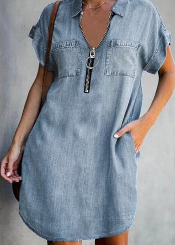 Casual Dark Blue Peter Pan Collar Patchwork Denim Mid Dress Short Sleeve