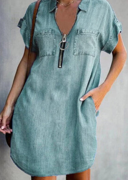 Casual Dark Blue Peter Pan Collar Patchwork Denim Mid Dress Short Sleeve