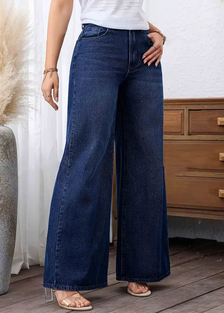 Casual Dark Blue Pockets Patchwork Wide Leg Jeans Fall