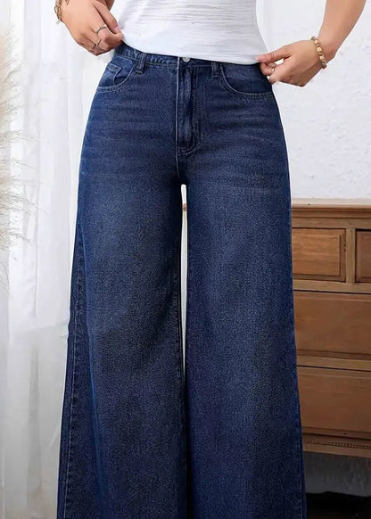 Casual Dark Blue Pockets Patchwork Wide Leg Jeans Fall