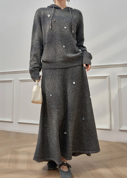 Lässiges dunkelgraues Pailletten-Strick-Zweiteiler-Set mit Kapuze für den Winter