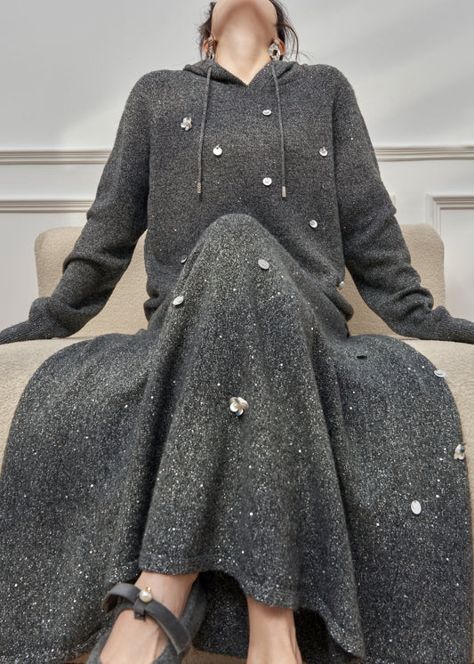 Lässiges dunkelgraues Pailletten-Strick-Zweiteiler-Set mit Kapuze für den Winter