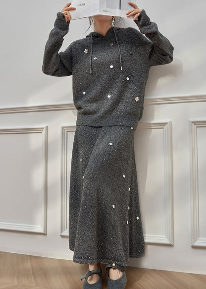 Lässiges dunkelgraues Pailletten-Strick-Zweiteiler-Set mit Kapuze für den Winter