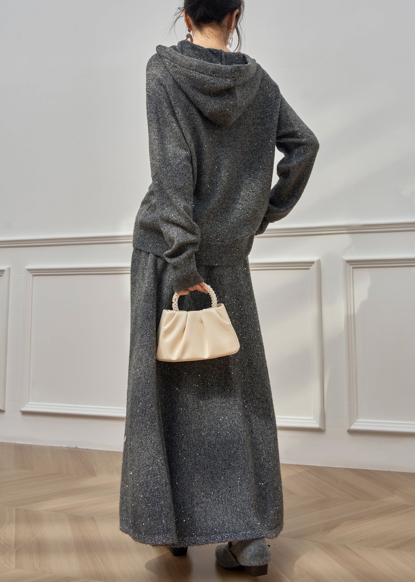 Lässiges dunkelgraues Pailletten-Strick-Zweiteiler-Set mit Kapuze für den Winter