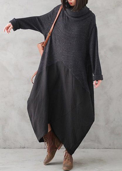 Lässiges dunkelgraues Rollkragenkleid mit Knopfleiste aus Leinen-Patchwork