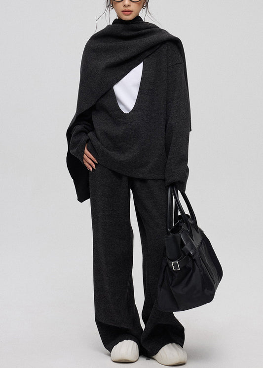 Lässiges dunkelgraues U-Ausschnitt-Dreiteiler-Set aus einfarbigem Kaschmir Winter