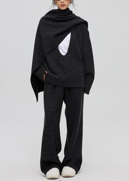Lässiges dunkelgraues U-Ausschnitt-Dreiteiler-Set aus einfarbigem Kaschmir Winter