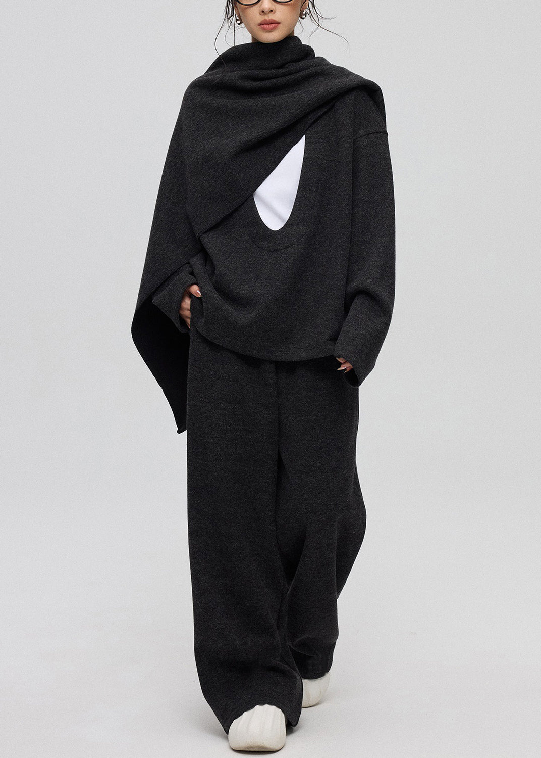 Lässiges dunkelgraues U-Ausschnitt-Dreiteiler-Set aus einfarbigem Kaschmir Winter