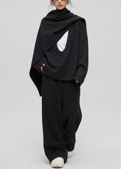 Lässiges dunkelgraues U-Ausschnitt-Dreiteiler-Set aus einfarbigem Kaschmir Winter