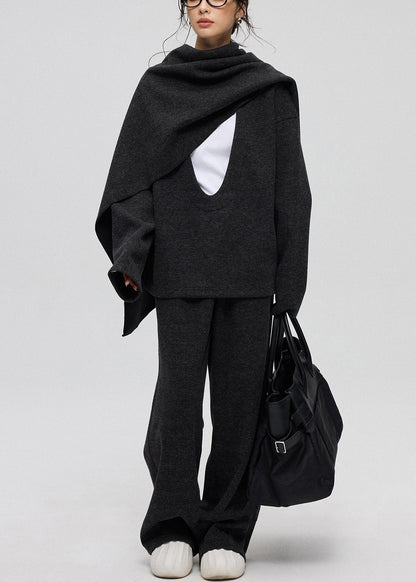 Lässiges dunkelgraues U-Ausschnitt-Dreiteiler-Set aus einfarbigem Kaschmir Winter