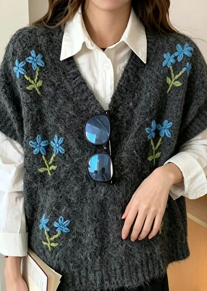 Casual Dark Grey Embroidered Floral Knit Waistcoats Sleeveless