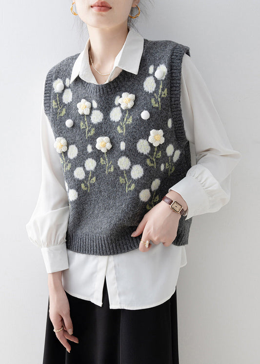 Casual Dark Grey O Neck Floral Knit Vest Sleeveless