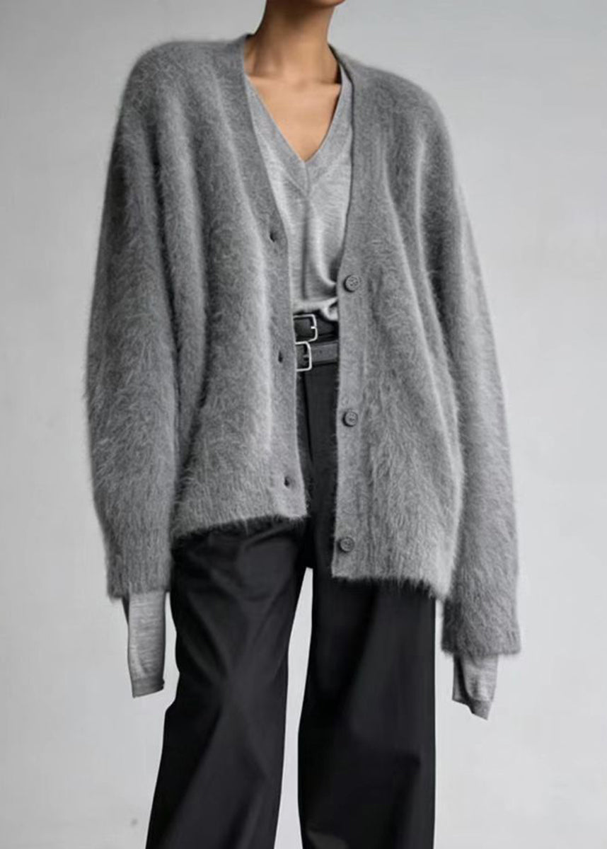 Casual Dark Grey V Neck Faux Mink Hair Knitted Cardigans Winter