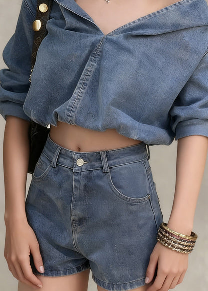 Casual Denim Blue Hooded Coat And Shorts Two Pieces Set Spring