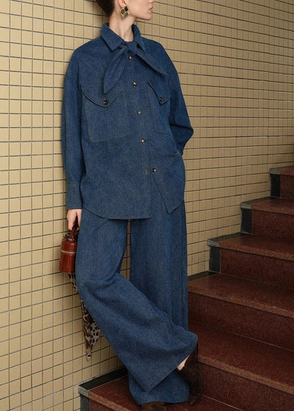 Conjunto informal de dos piezas de camisa y pantalón con cuello Peter Pan de mezclilla azul, primavera