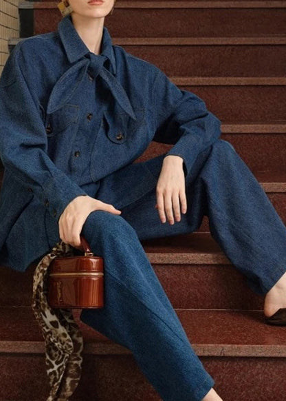 Conjunto informal de dos piezas de camisa y pantalón con cuello Peter Pan de mezclilla azul, primavera