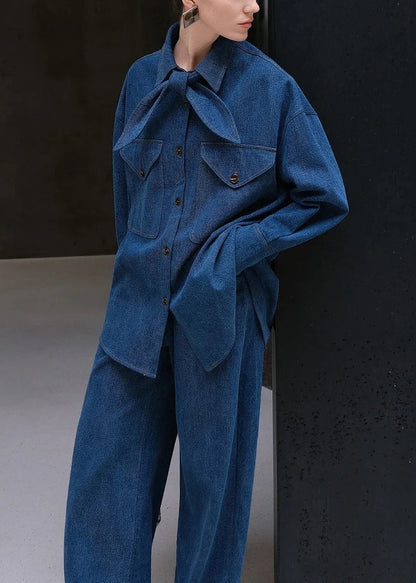 Conjunto informal de dos piezas de camisa y pantalón con cuello Peter Pan de mezclilla azul, primavera