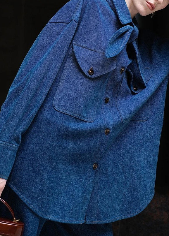 Conjunto informal de dos piezas de camisa y pantalón con cuello Peter Pan de mezclilla azul, primavera