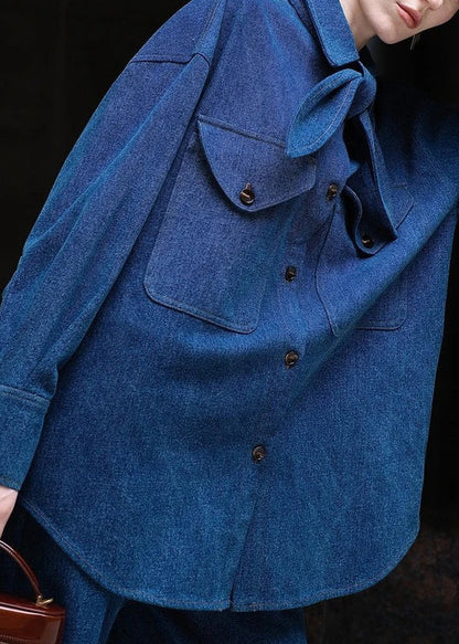 Conjunto informal de dos piezas de camisa y pantalón con cuello Peter Pan de mezclilla azul, primavera