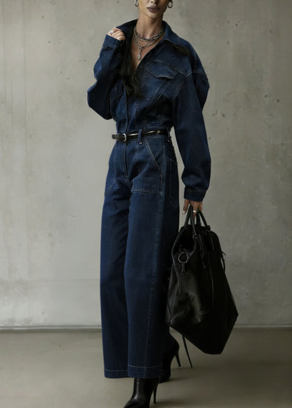 Casual Denim Blue Peter Pan Collar Patchwork Pocket Jumpsuit Spring