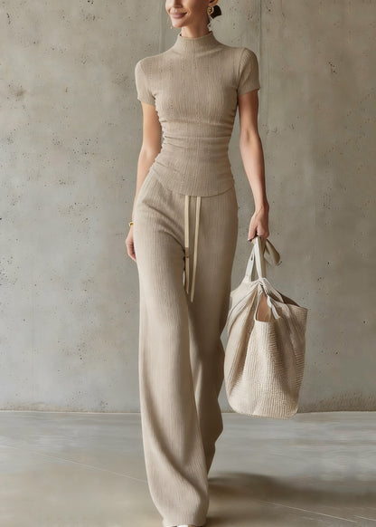 Casual Drawstring Top And Wide Leg Pants Two Piece Set Short Sleeve