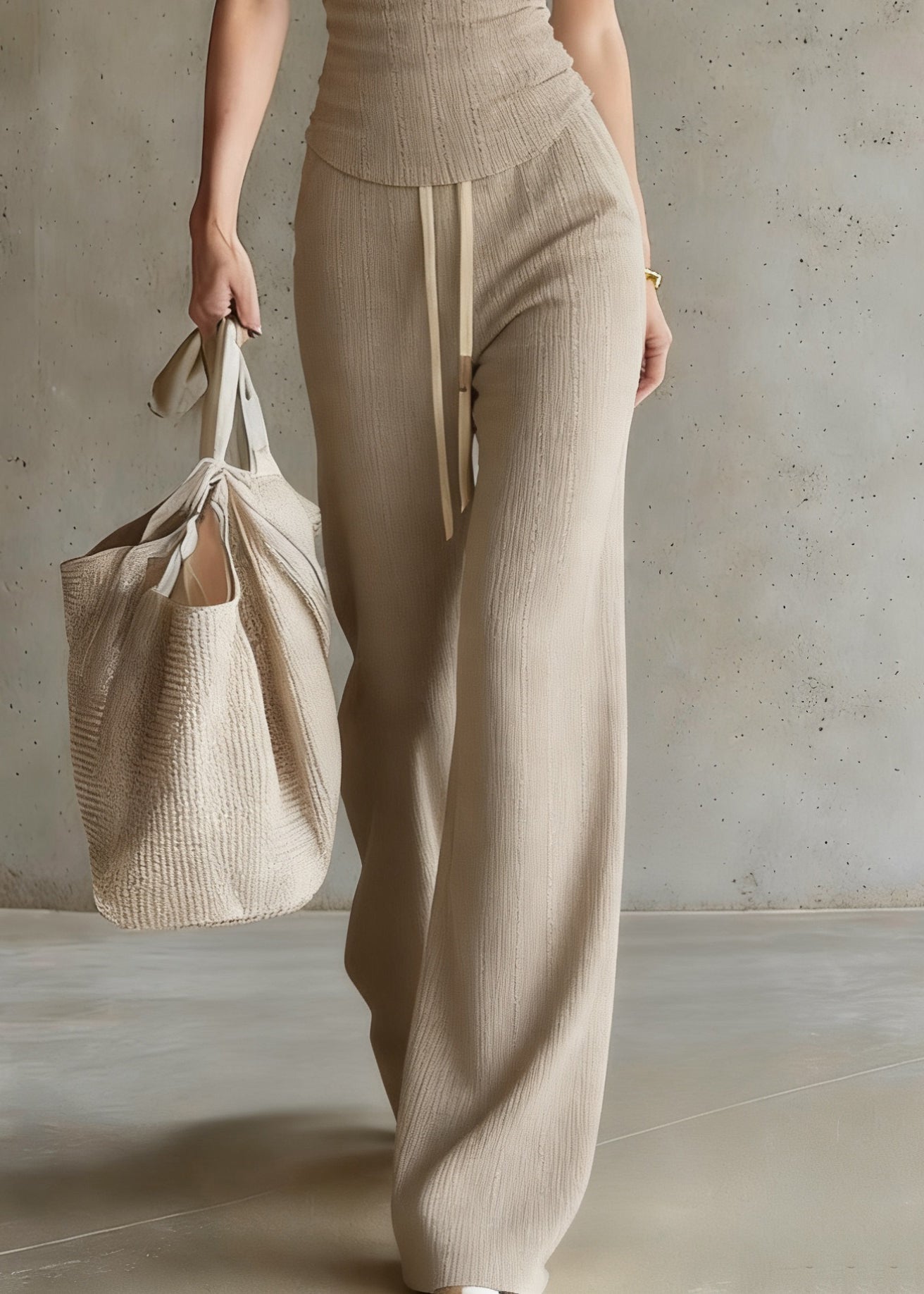 Casual Drawstring Top And Wide Leg Pants Two Piece Set Short Sleeve