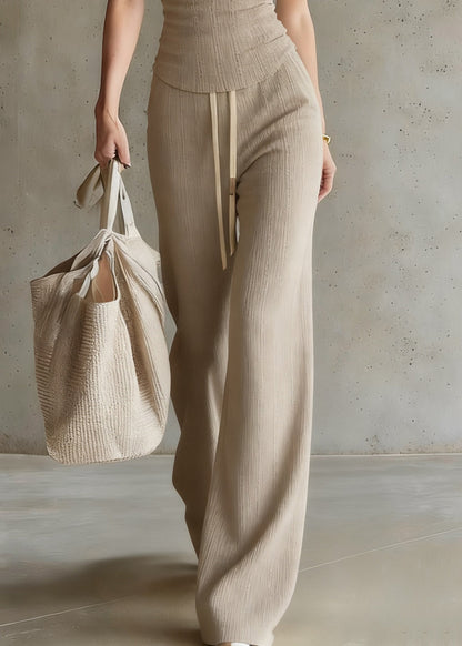 Casual Drawstring Top And Wide Leg Pants Two Piece Set Short Sleeve