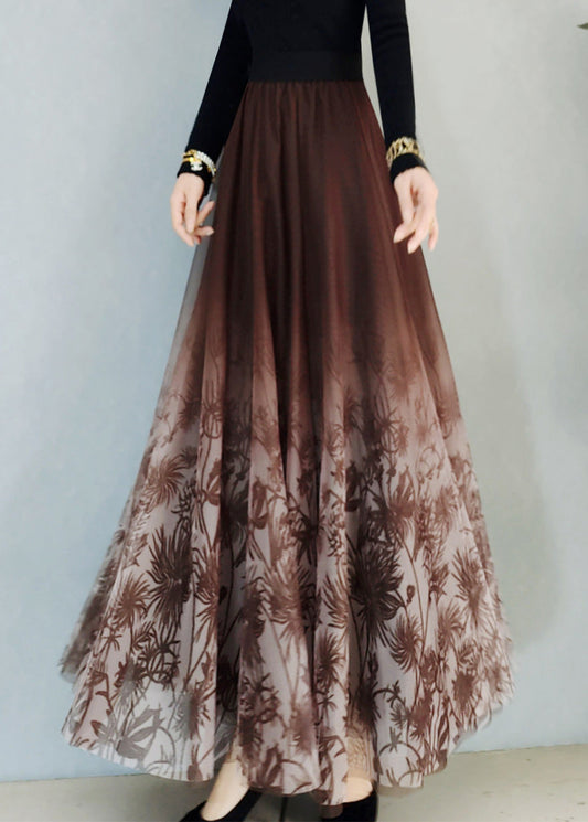 Lässiger bestickter Blumen-Elastikbund-Tüll-A-Linienrock