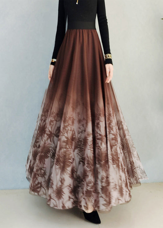 Lässiger bestickter Blumen-Elastikbund-Tüll-A-Linienrock