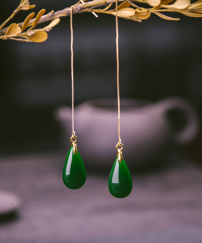 Pendientes casuales de gota de agua de jade y plata de ley dorada