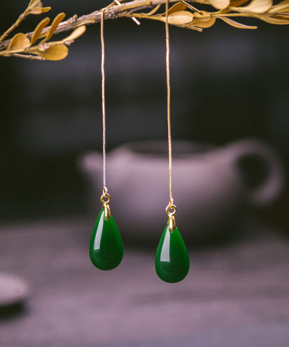 Pendientes casuales de gota de agua de jade y plata de ley dorada