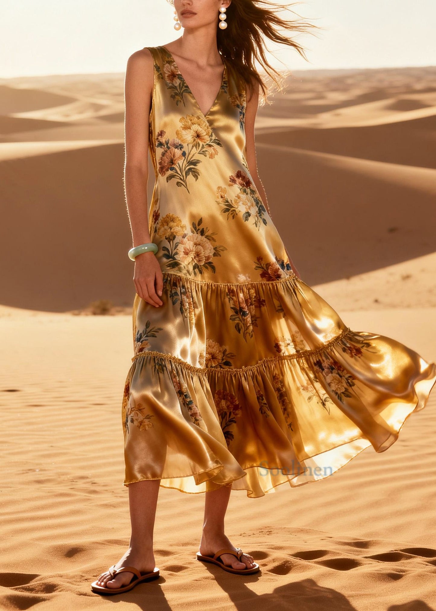 Casual Golden Print Exra Large Hem Silk Long Dresses Summer