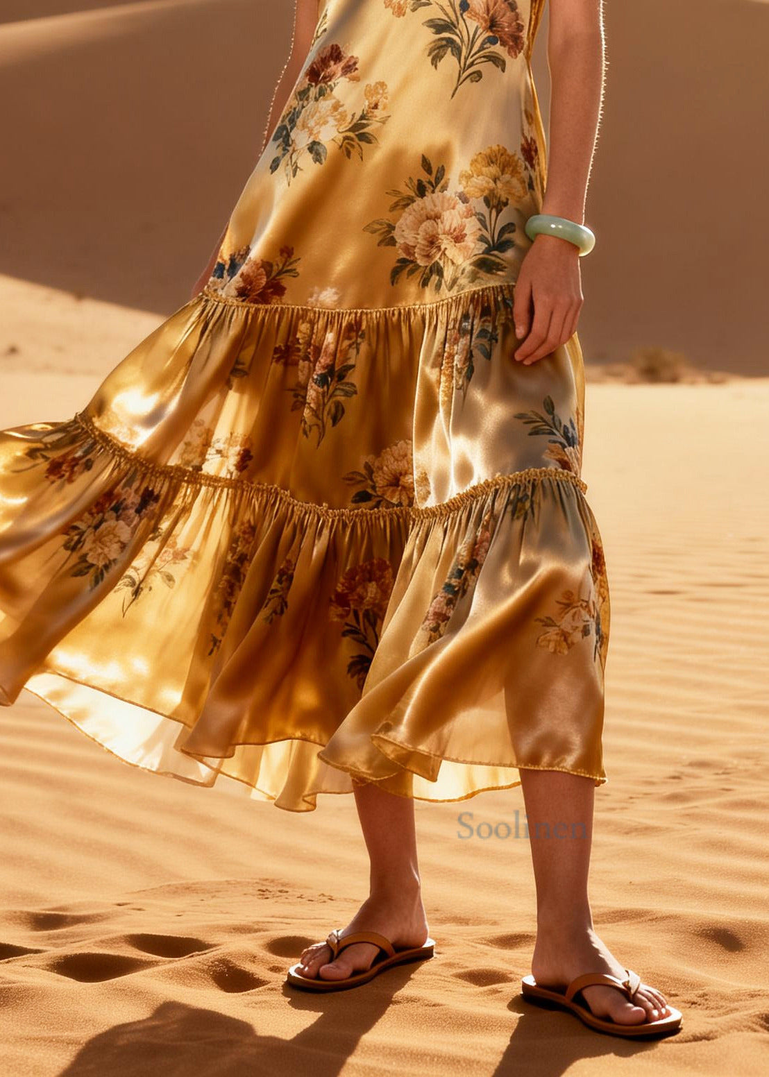 Casual Golden Print Exra Large Hem Silk Long Dresses Summer