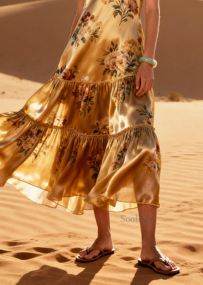 Casual Golden Print Exra Large Hem Silk Long Dresses Summer