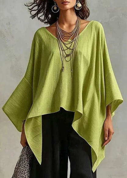 Casual Grass Green Asymmetrical Top Batwing Sleeve