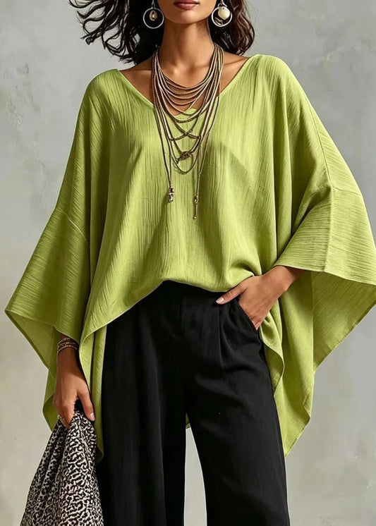 Casual Grass Green Asymmetrical Top Batwing Sleeve