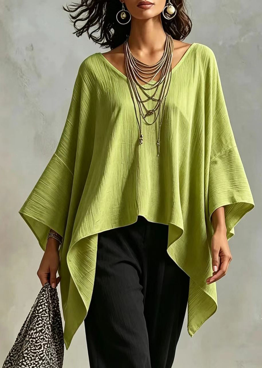 Casual Grass Green Asymmetrical Top Batwing Sleeve